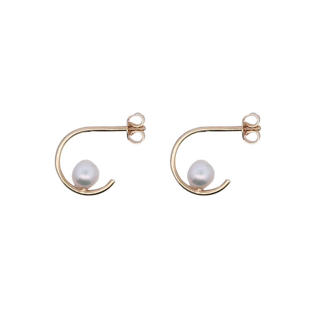 9k Yellow Gold Pearl Half Hoop Earrings