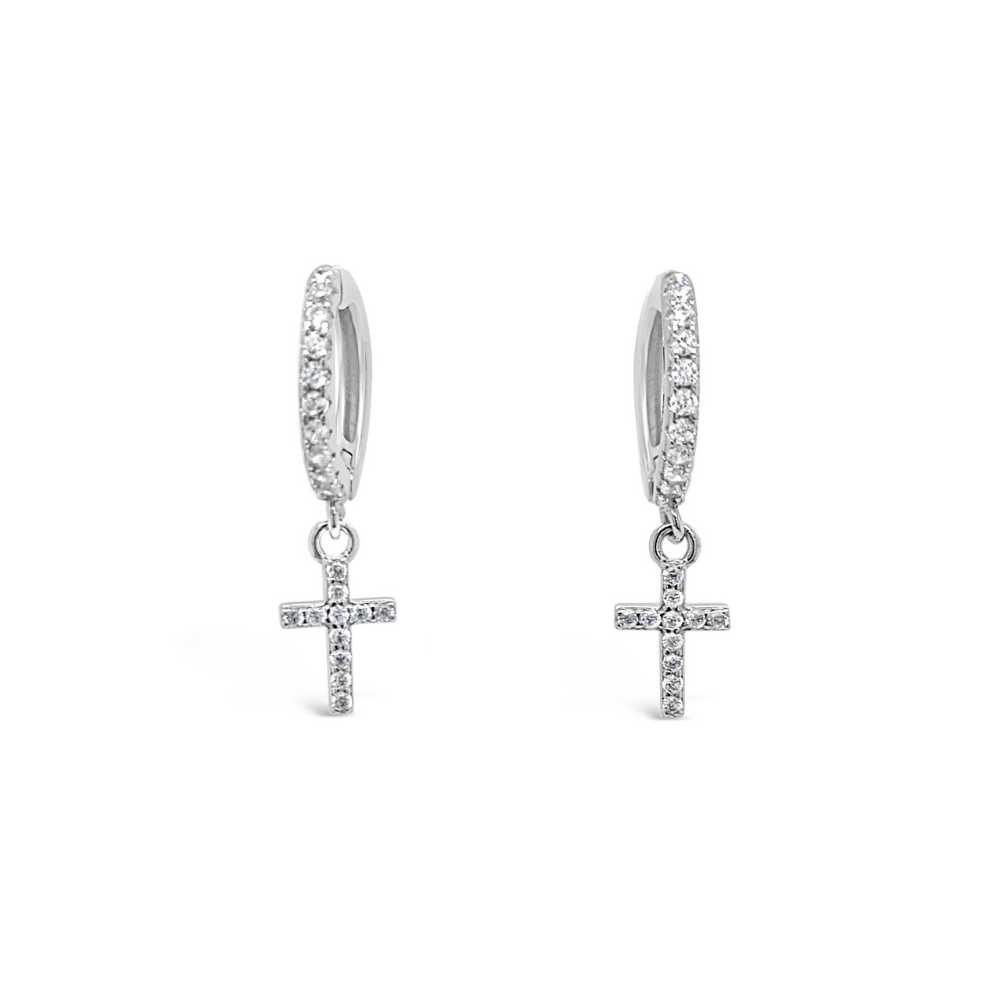 Sterling Silver CZ Cross Sleeper Earrings