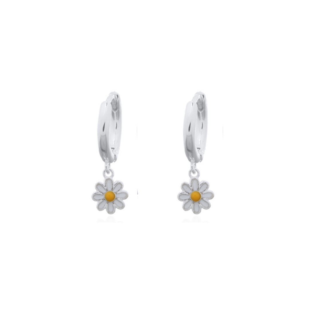 Sterling Silver Daisy Enamel Hoop Earrings