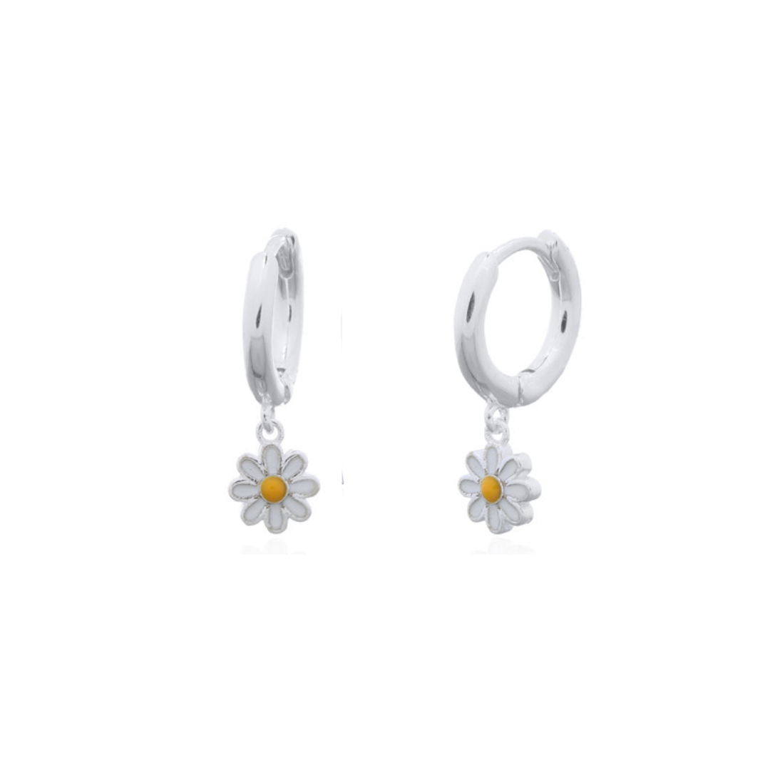 Sterling Silver Daisy Enamel Hoop Earrings